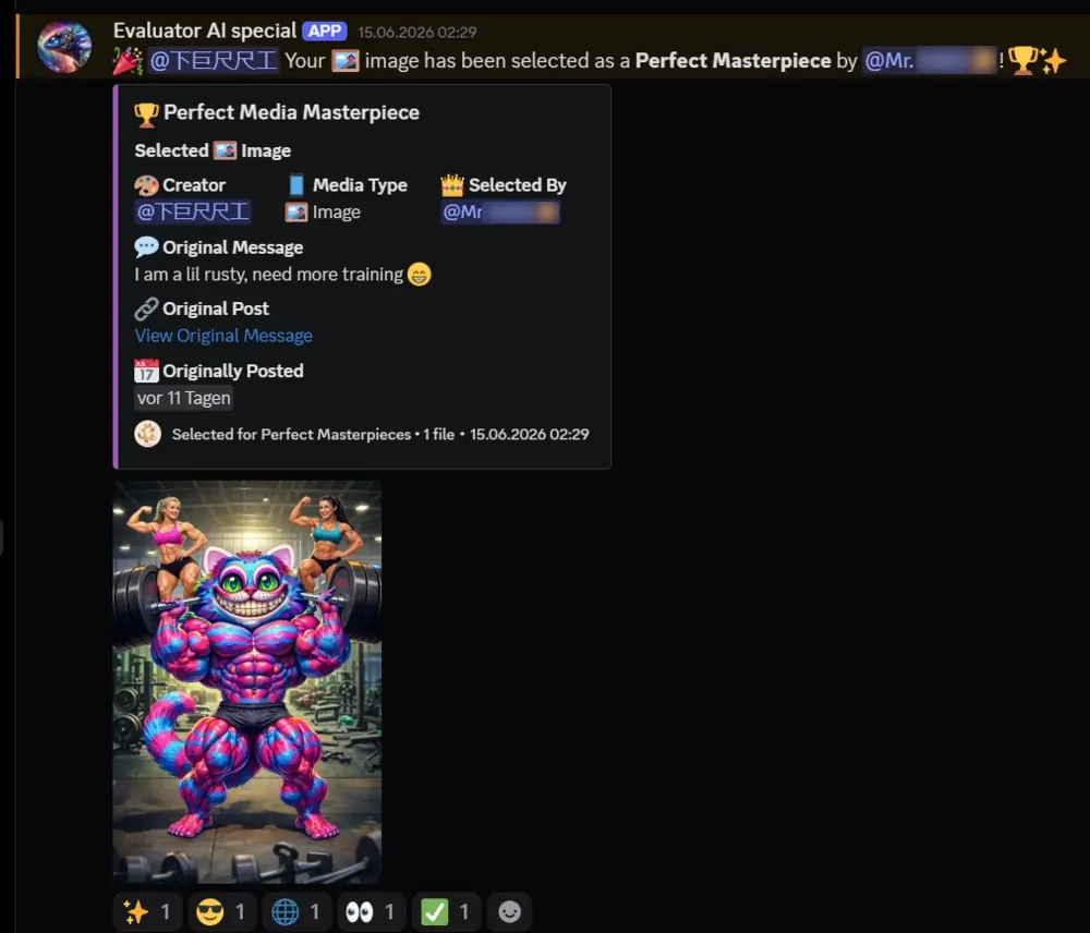AI bot crowning a community artwork as a Perfect Masterpiece