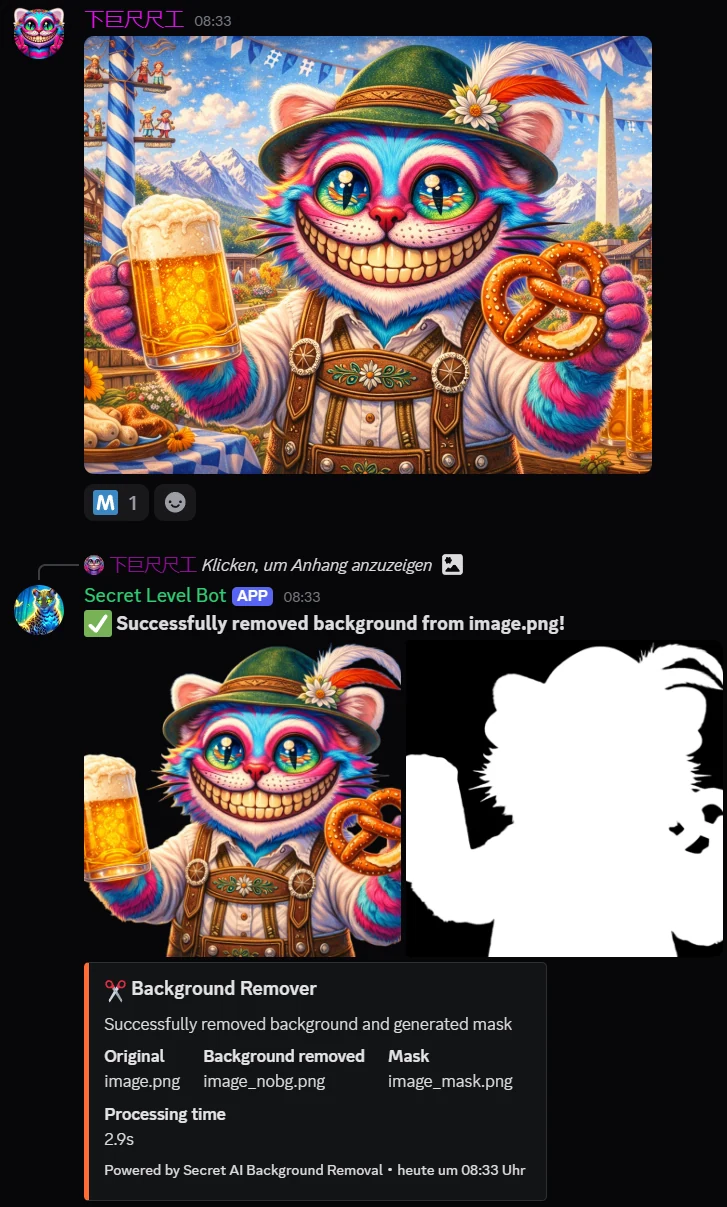 Bot removing the background from an uploaded image in one tap, showing the original, the cut-out and the mask