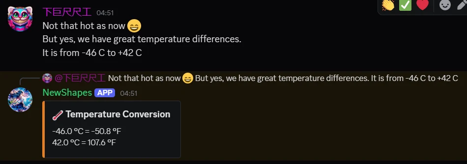 Bot automatically converting a temperature from Celsius to Fahrenheit in a Discord chat