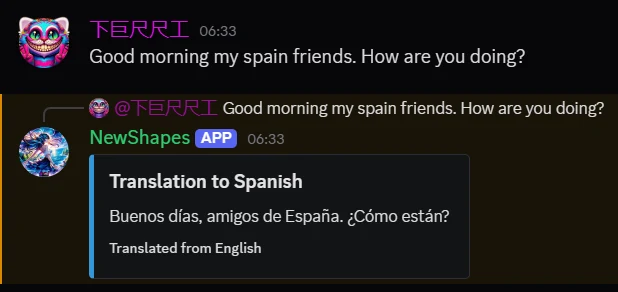 Bot translating an English chat message into Spanish in real time
