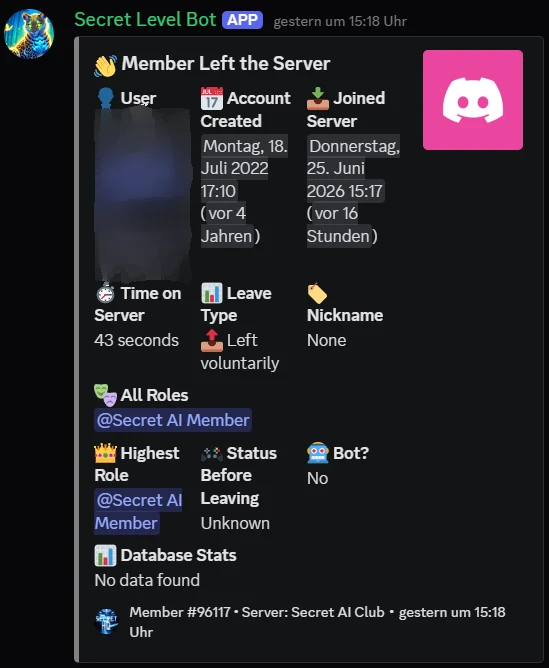Moderation audit-log embed for a member who left, listing their server roles, join date and time on server (member name blurred for privacy)