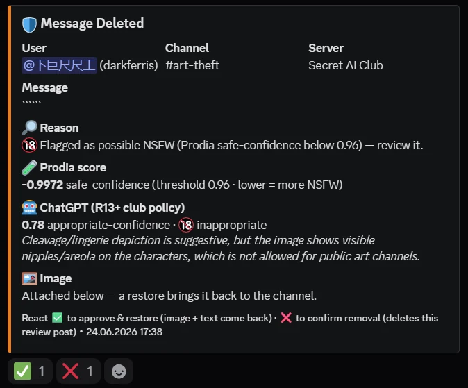 Transparent moderation log showing why a message was removed, with a restore option